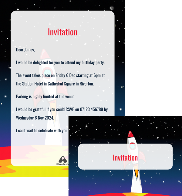 Example invitation produced by iThank.UK