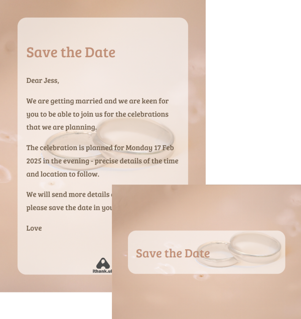 Example Save the Date card produced by iThank.UK